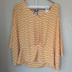 Marc Bouwer Women's Med Retro Disco Boho Yellow Flowy Cold Shoulder Top Stretch
